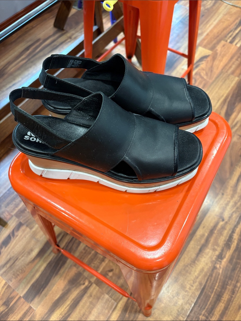 Sorel Joanie III slingback wedge sandals in black leather.